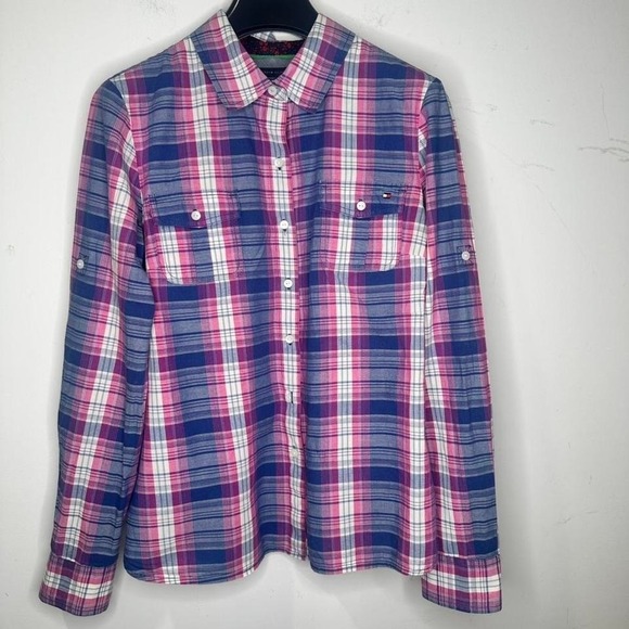 Tommy Hilfiger Tops - Tommy Hilfiger long-sleeve Pink and blue plaid button-up shirt LARGE Preppy Y2K